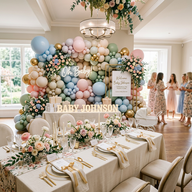 Beautiful luxury baby shower decoration setup with pastel balloons and an elegant table setting