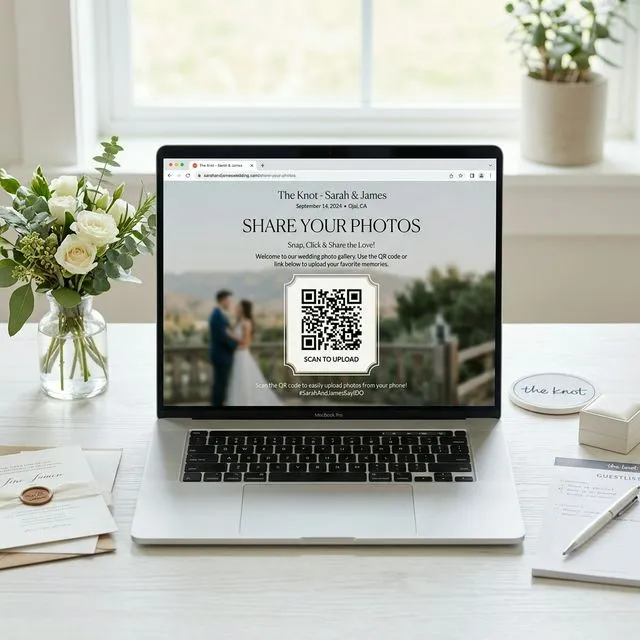 Laptop showing a The Knot wedding website with a Share Your Photos QR code page added for guest photo uploads