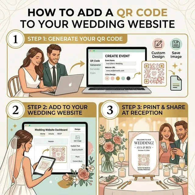 Step by step visual guide showing how to create a QR code, add it to a wedding website, and print it for reception tables