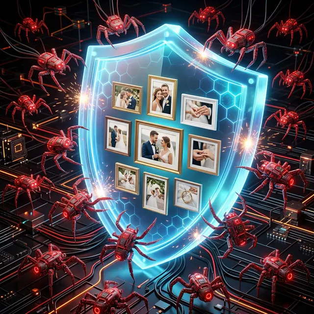 Abstract representation of wedding photos protected by a glowing shield against red robotic web crawlers symbolizing AI scraping.