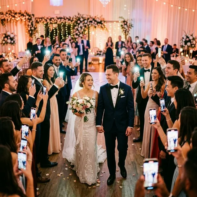 Joyful wedding guests taking photos of the bride and groom with their smartphones