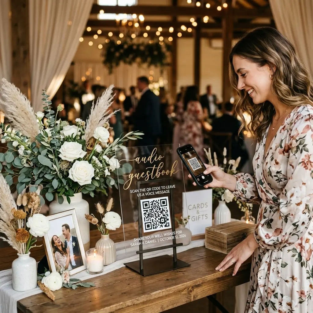 Wedding guest scanning acrylic QR code sign to leave audio guestbook voice message on smartphone