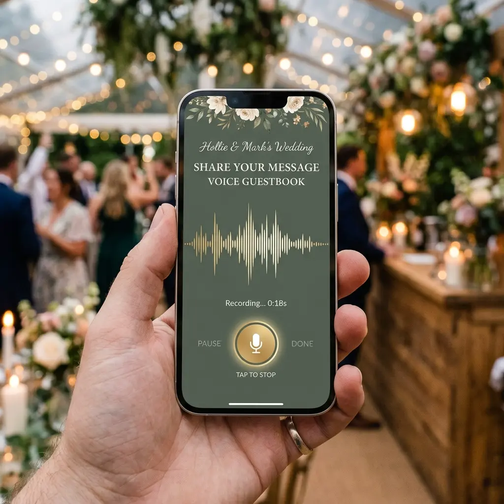 Smartphone screen displaying elegant voice guestbook recording interface with audio waveform
