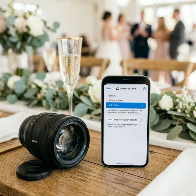 Smartphone screen showing camera file format formats next to a mirrorless camera lens