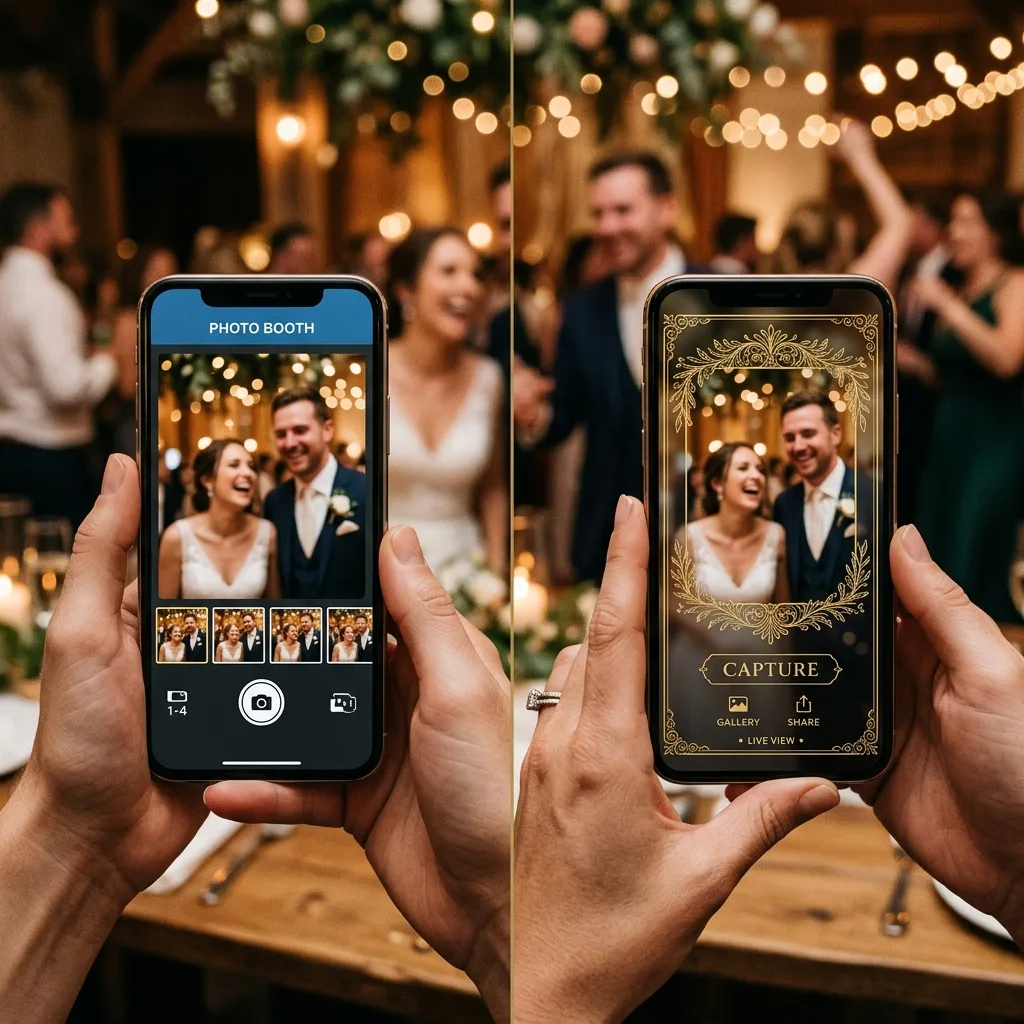 Comparison of virtual photo booth apps showing app-based vs browser-based photo booth on smartphones at a wedding