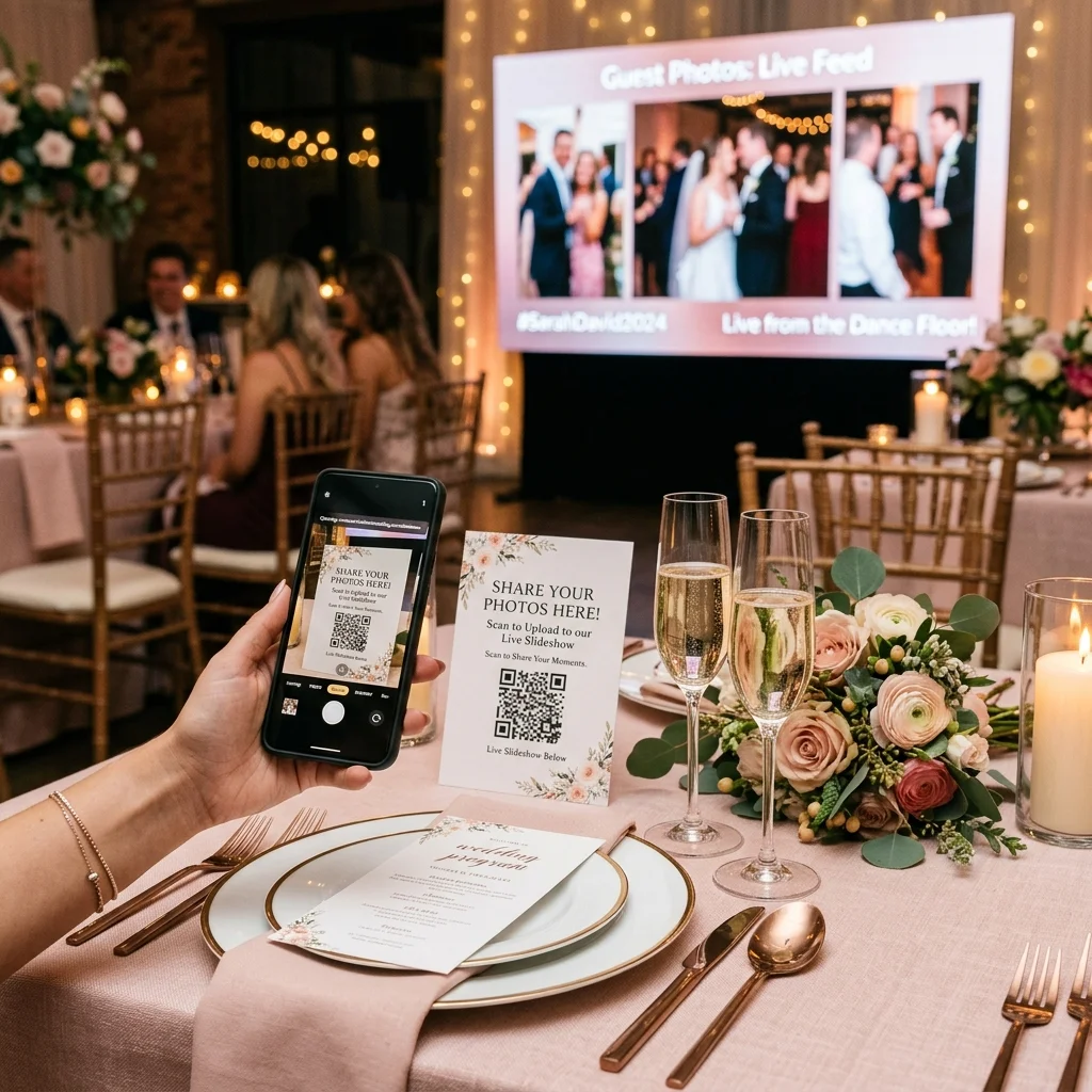 Best wedding photo sharing apps in 2026 showing guest scanning QR code at reception