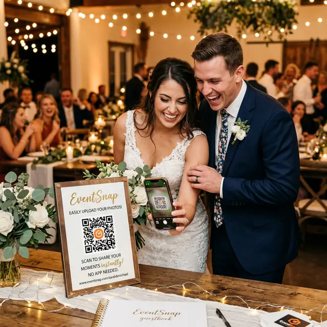 A bride and groom laughing as they scan a beautifully designed EventSnap QR code sign with their phone at a wedding.