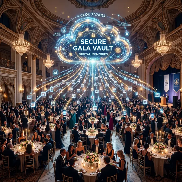 A grand evening charity gala in a ballroom demonstrating data streaming from massive crowds to a central vault.