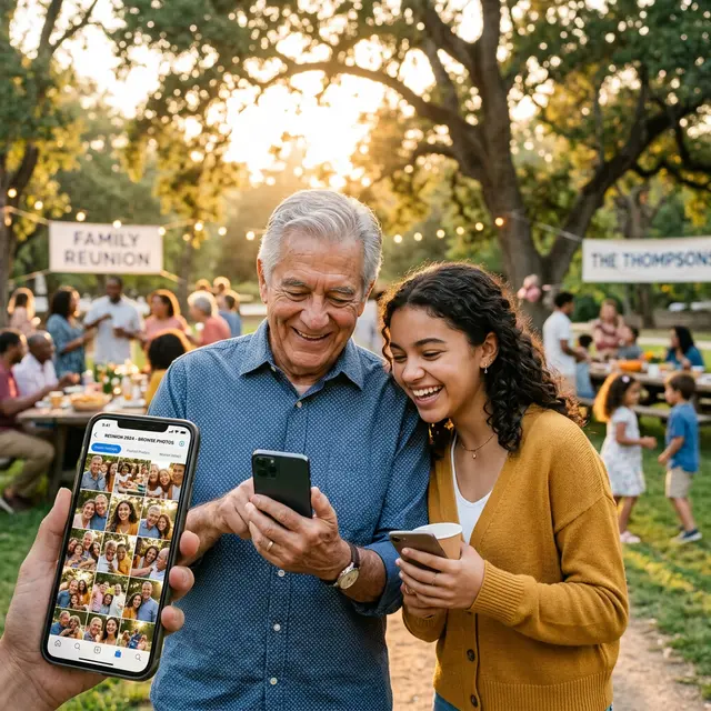 A multi-generational family reunion in a sunny outdoor park setting where older generations seamlessly upload photos using a simple QR code.
