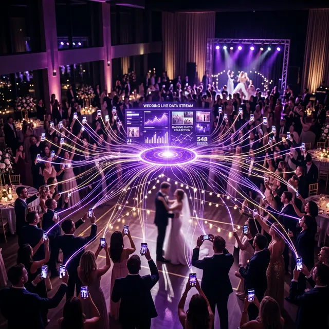 Cinematic data visualization of a modern wedding reception where a glowing central hub connects hundreds of smartphones taking photos.