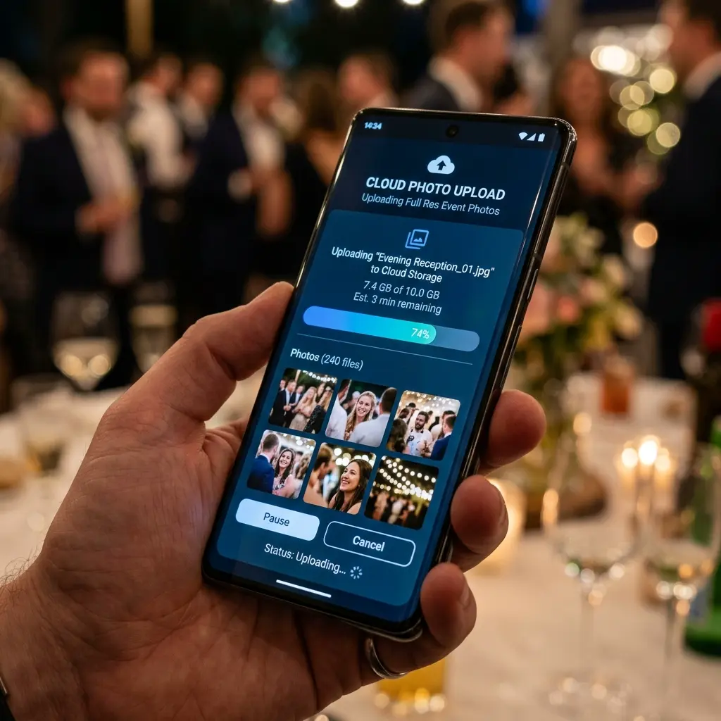 Smartphone screen showing seamless web progress bar uploading full resolution event photos directly to cloud storage