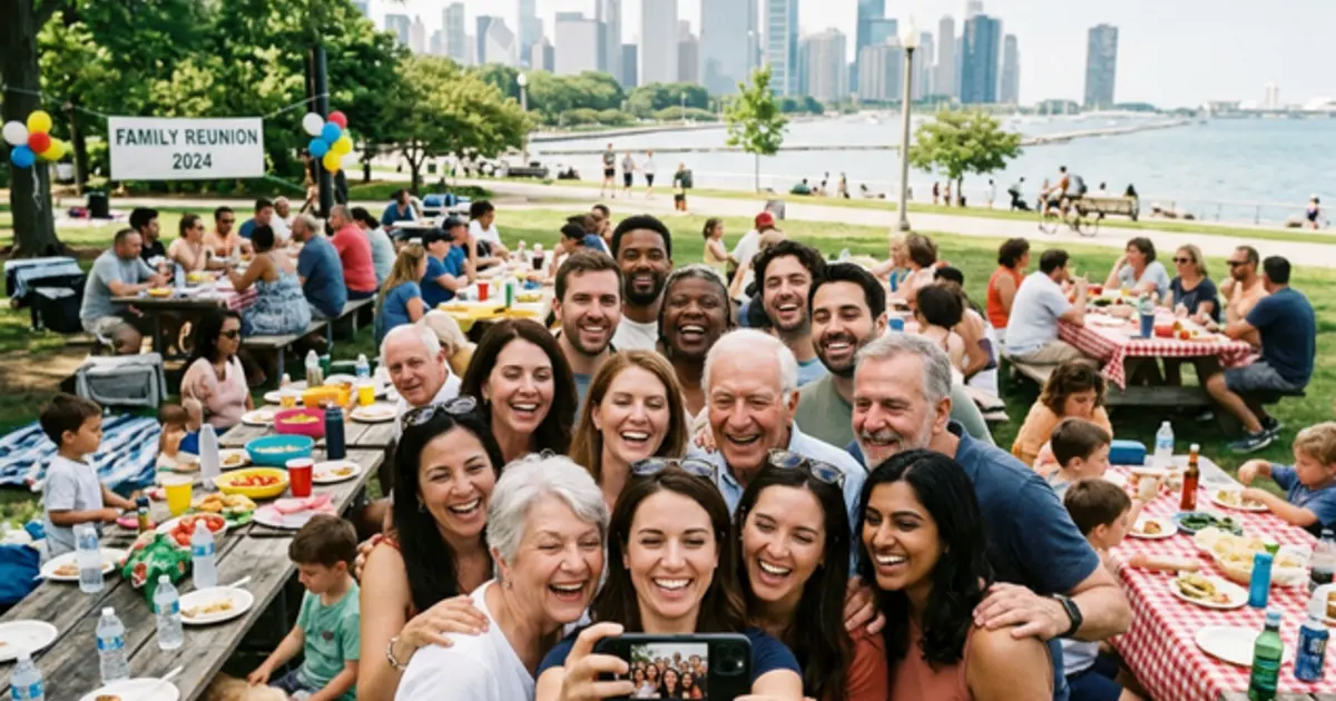 Large happy multi-generational family reunion at a park in Chicago