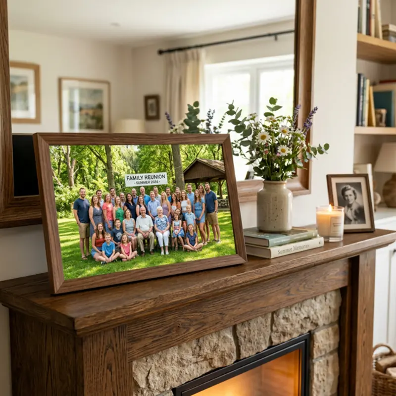 Digital photo frame displaying family reunion photo