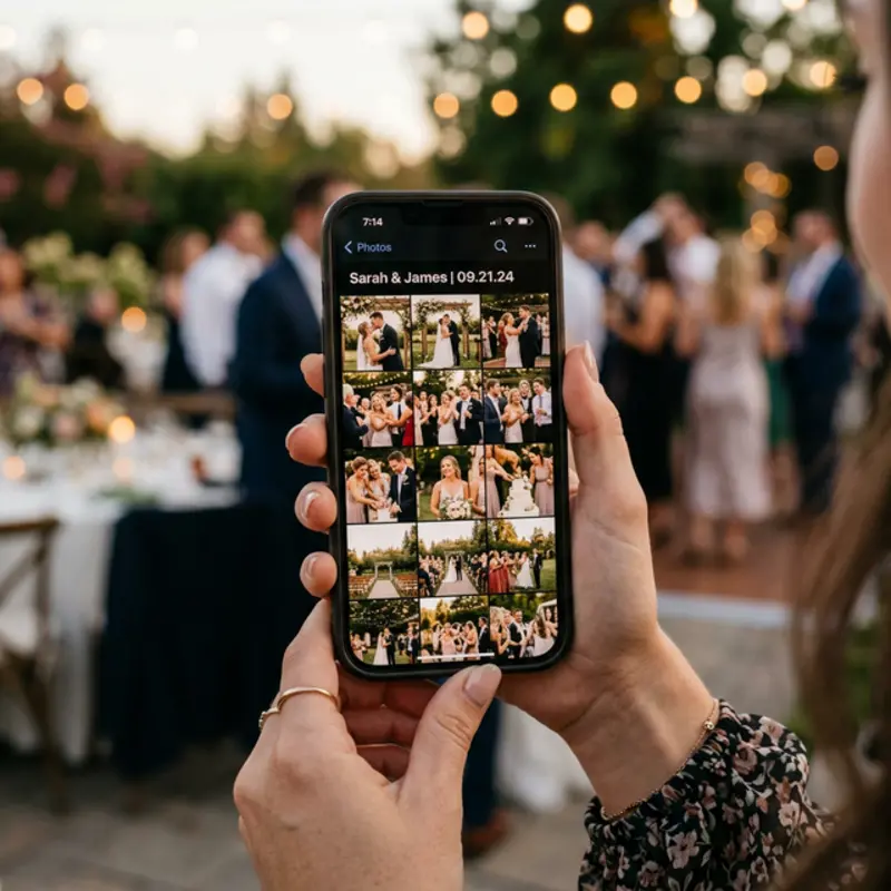 Guest holding smartphone showing wedding photo gallery