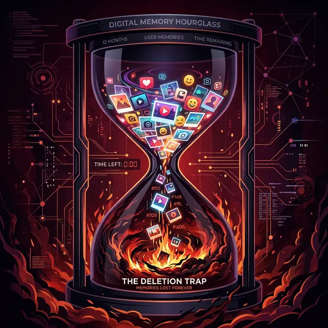Digital hourglass draining glowing photos into fire, symbolizing the 12-month deletion trap of proprietary apps.