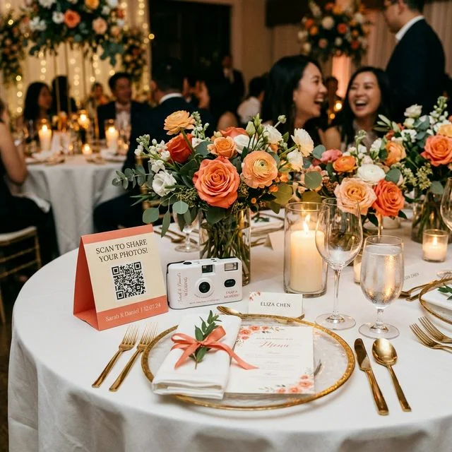 Disposable camera wedding alternative next to an EventSnap QR code tent card