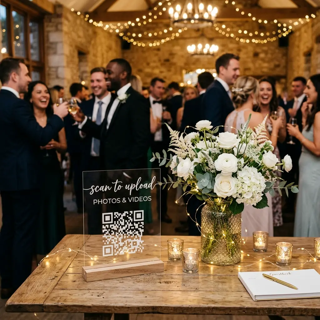 Acrylic QR code sign on wedding welcome table reading Scan to Upload Photos and Videos surrounded by white flowers and warm lighting