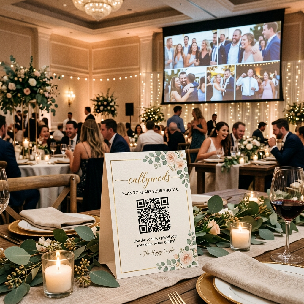 Wedding reception with a QR code table tent and live photo slideshow projected in the background