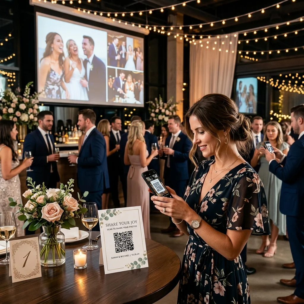 Wedding guest scanning EventSnap QR code at reception with live slideshow on projection screen