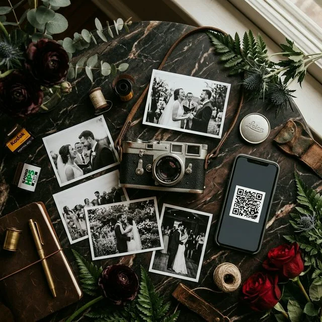 Flatlay of vintage film camera, black and white wedding photos, film rolls, and smartphone with QR code on dark marble surface