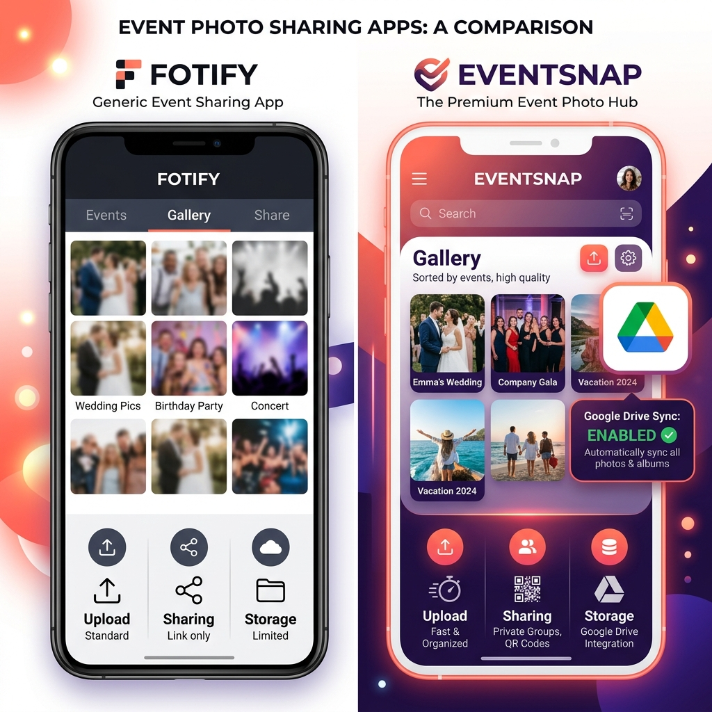 Fotify vs EventSnap interface comparison showing generic vs Google Drive integration