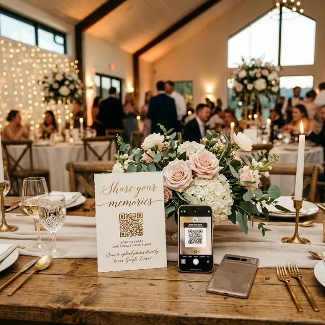 Beautiful wedding reception with a QR code table card for seamless Google Drive photo sharing