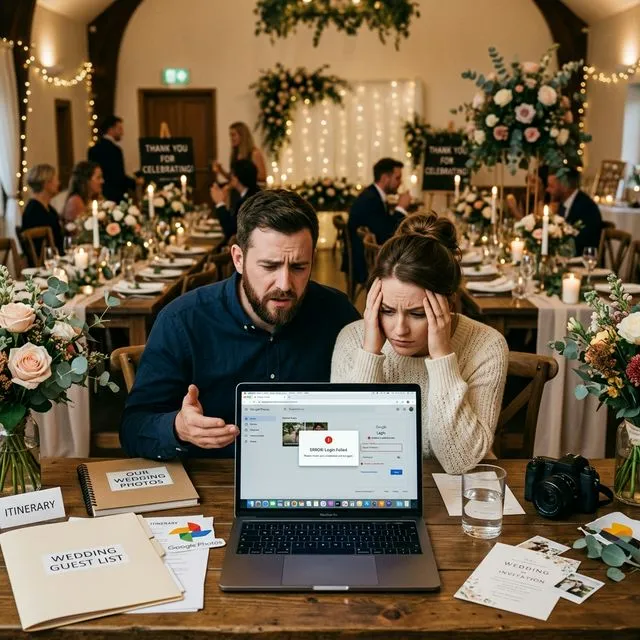 Frustrated couple trying to use Google Photos for their wedding, facing login errors on a laptop screen while surrounded by wedding planning materials