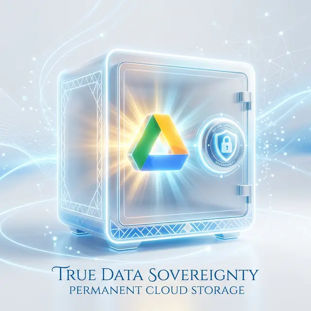 Google Drive logo hovering securely inside a glowing, frosted glass digital vault representing permanent memory ownership.