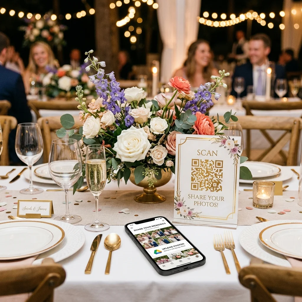 A modern wedding reception table with a smartphone showing an alternative to Google Photos next to a QR code card