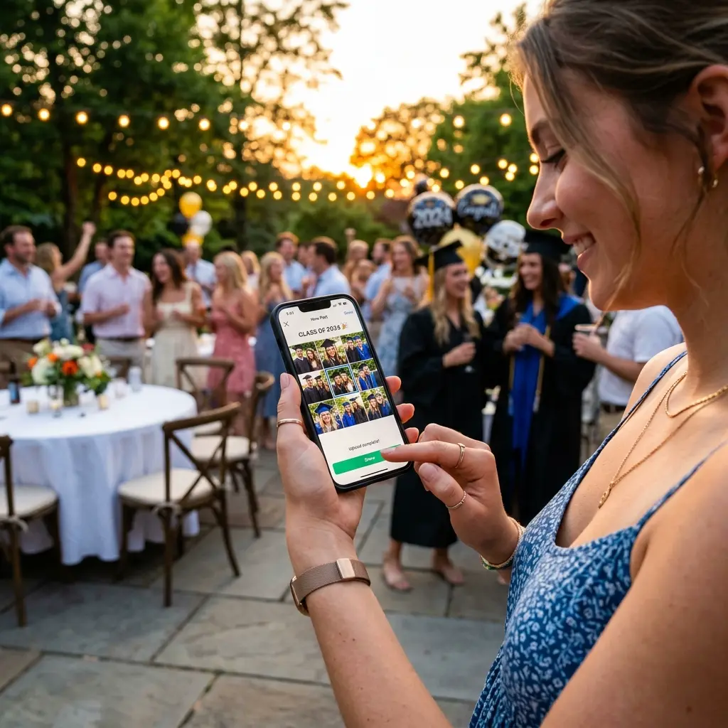 Guest holding smartphone at outdoor graduation party tapping to upload photos of friends