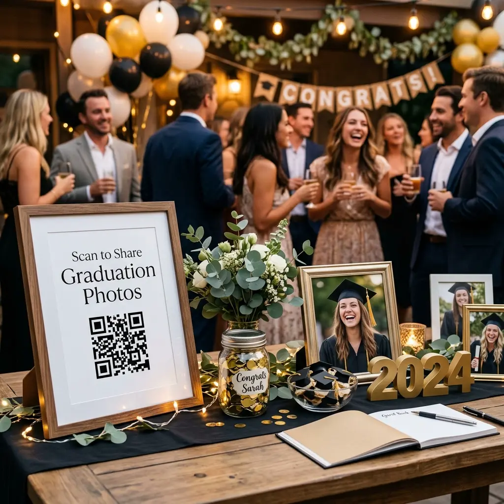 Graduation party welcome table with framed QR code sign surrounded by graduation caps and decorations