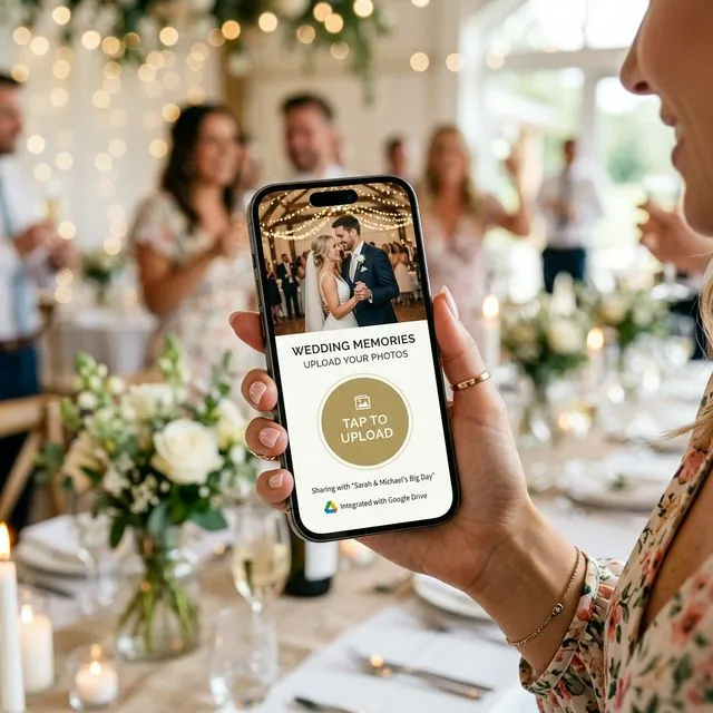 Guest holding smartphone uploading photos without logging in, seamlessly connected to Google Drive