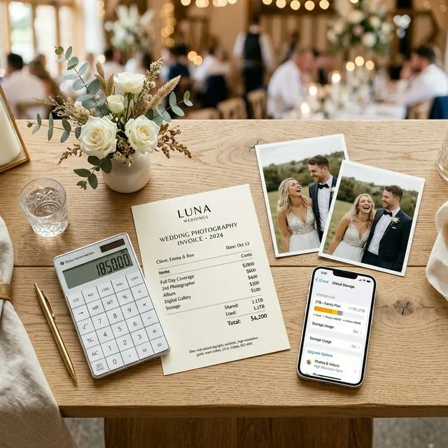Cost comparison between wedding photo sharing apps showing a calculator alongside wedding photos
