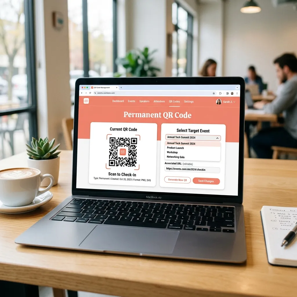 EventSnap dashboard showing permanent QR code management with target event selection dropdown