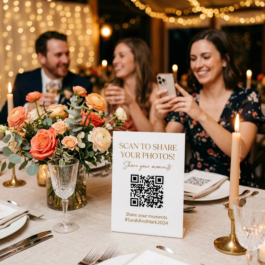 Permanent QR code on a wedding reception table with guests scanning it on their phones