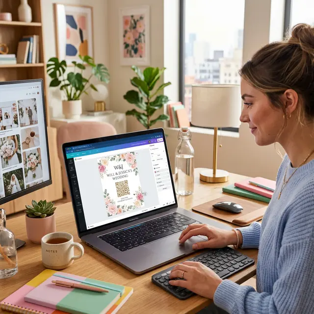 A designer customizing an aesthetic wedding QR Code sign template inside Canva.
