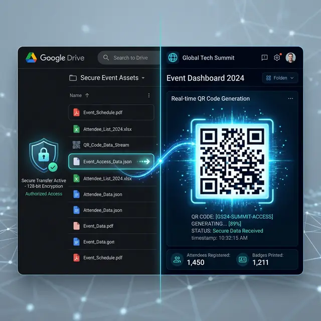 Sleek split screen showing Google Drive connecting perfectly to a QR code generator interface.