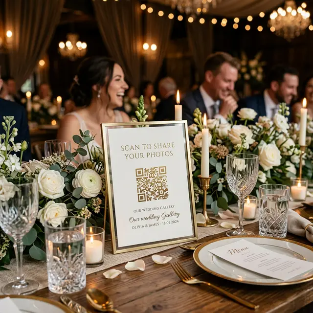High end aesthetic mockup of a beautifully designed wedding QR code sign sitting on an elegant reception table next to candles.