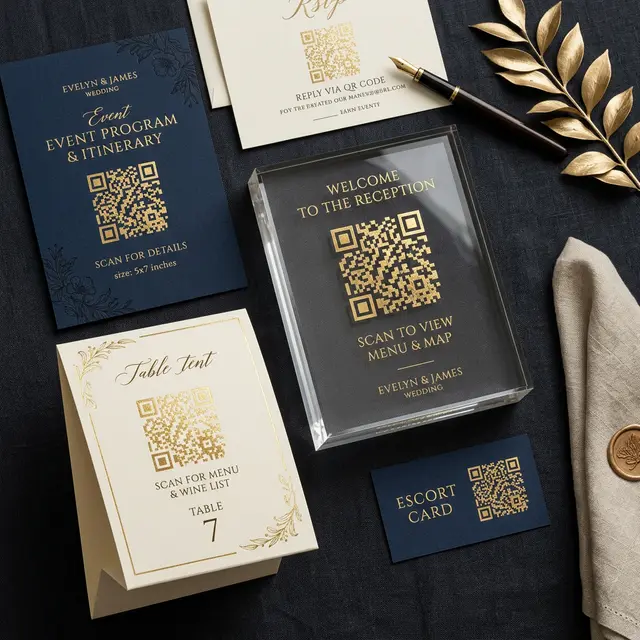 High end printed materials featuring QR codes on a table top, including acrylic block signs and thick matte cardstock.