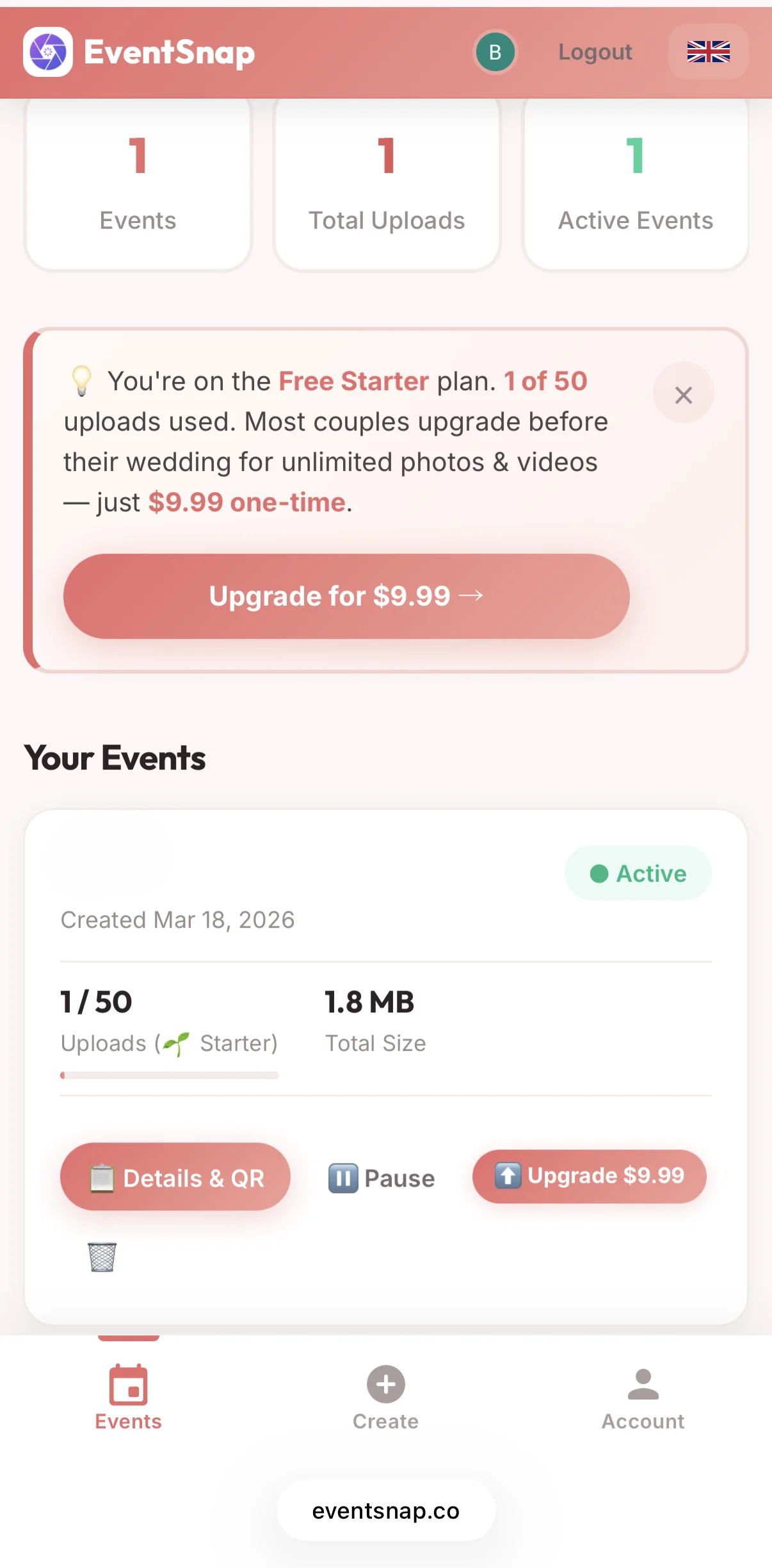 EventSnap 2026 Dashboard with Upgrade Options