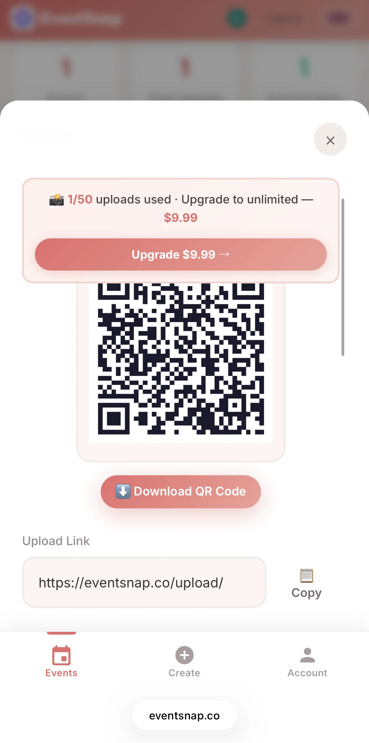 EventSnap 2026 QR Modal with Upgrade Banner