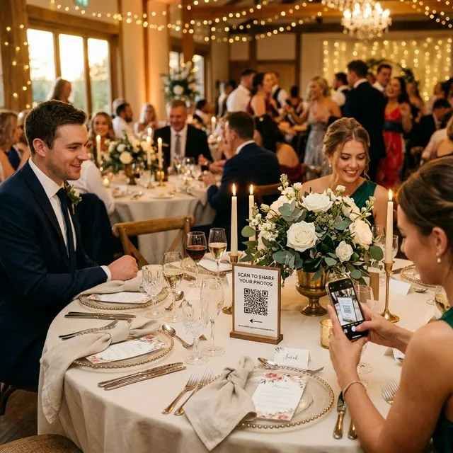 Wedding guests scanning a QR code at an elegant reception table to share photos without downloading an app