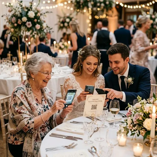 Grandmother and young couple both scanning QR code at wedding reception table showing intergenerational ease of use