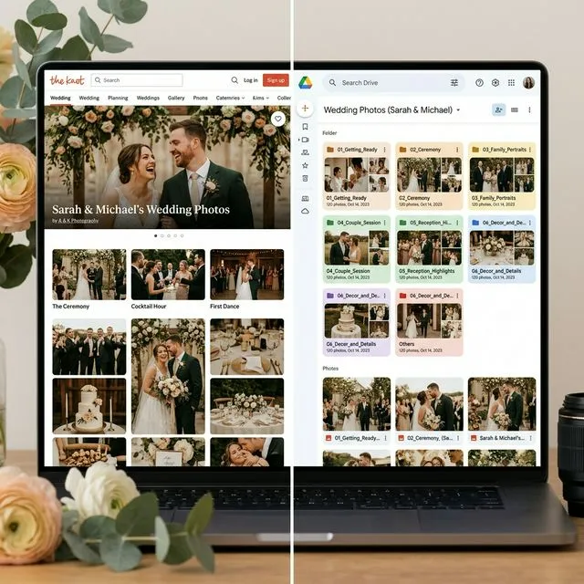 Split screen comparison of The Knot wedding photo gallery interface versus organized Google Drive folders with wedding photos