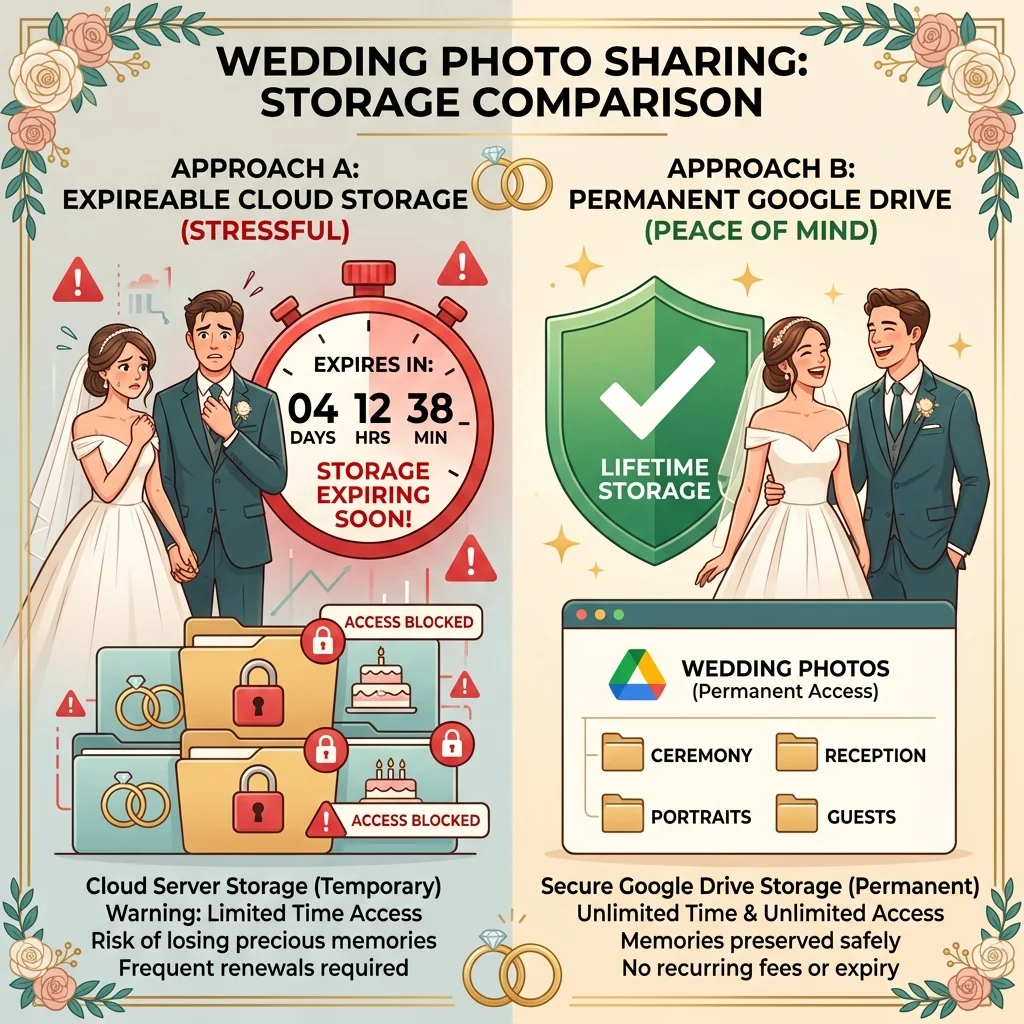 Wedding photo storage comparison showing temporary cloud server expiry versus permanent Google Drive ownership