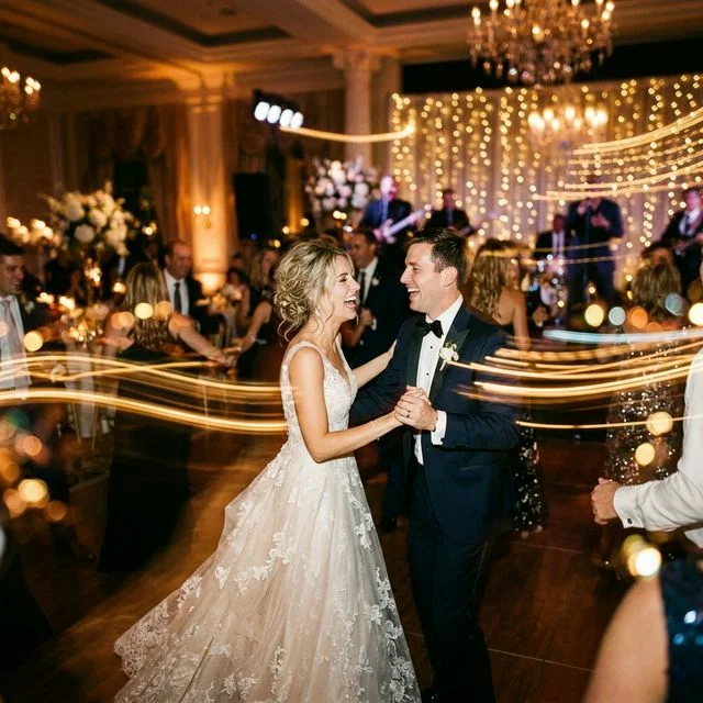 Couple laughing on the dance floor with artistic motion blur light trails at a luxury wedding reception