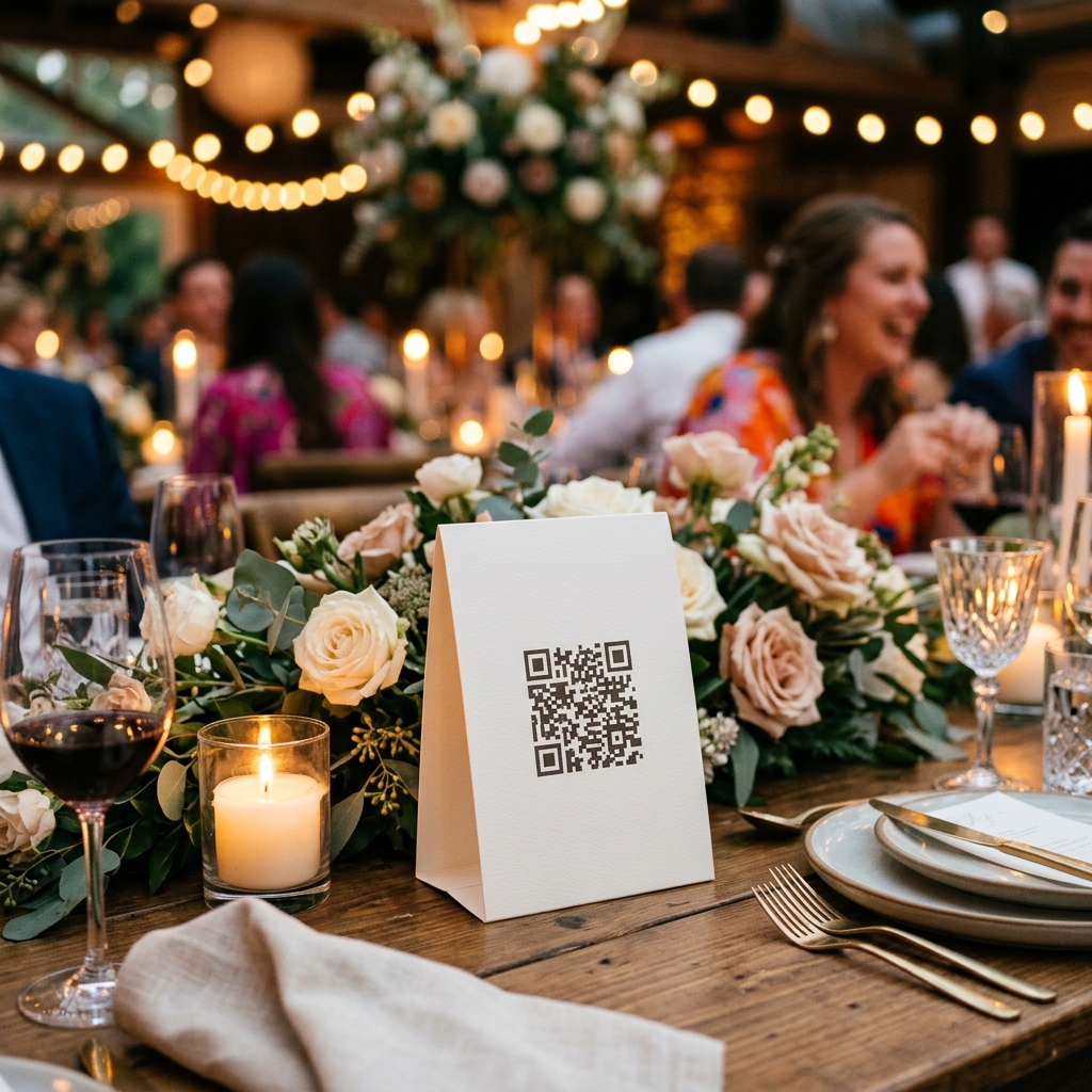 Beautifully lit wedding table with an EventSnap QR code sign