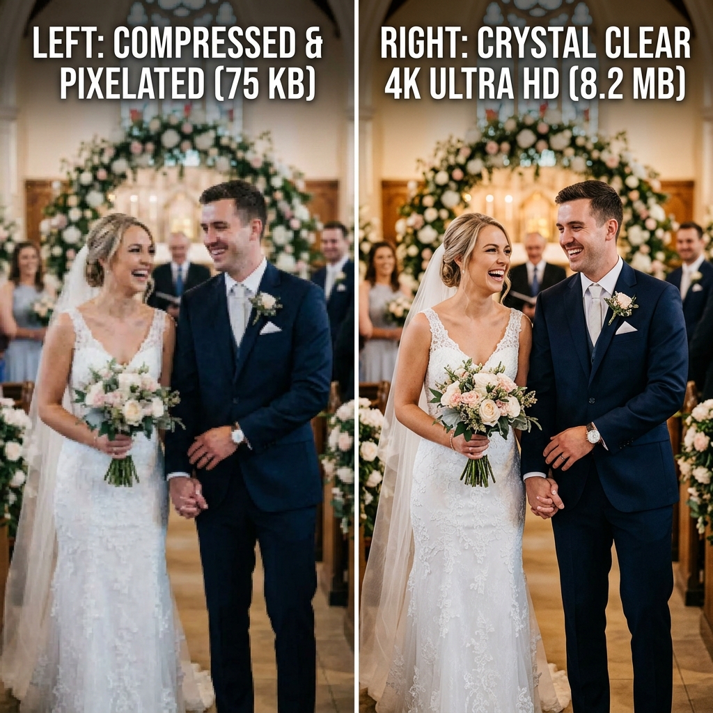 Comparison showing a pixelated wedding photo vs crystal clear 4K resolution