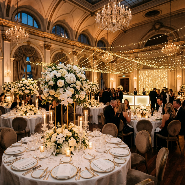Elegant high-end event setup with beautiful lighting and perfectly set tables