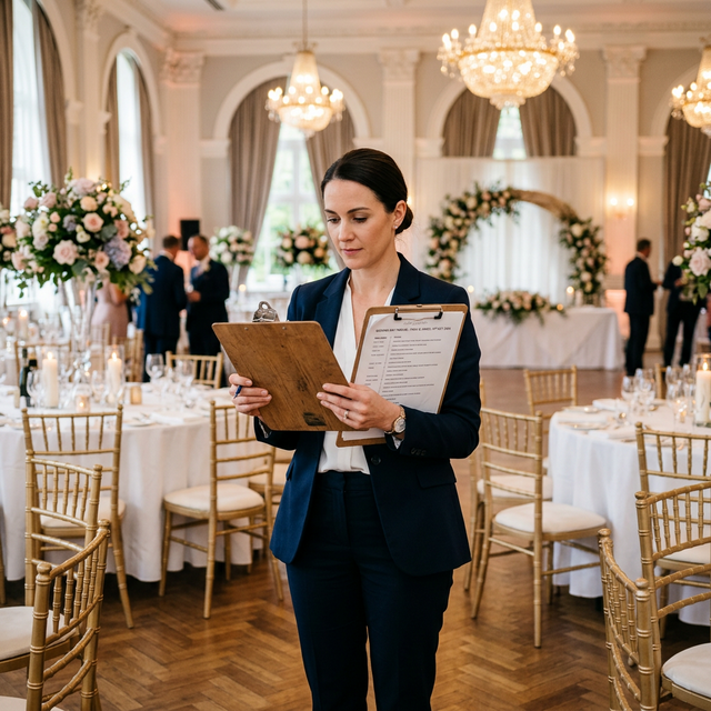 Event planner reviewing timeline on a clipboard at an elegant wedding venue